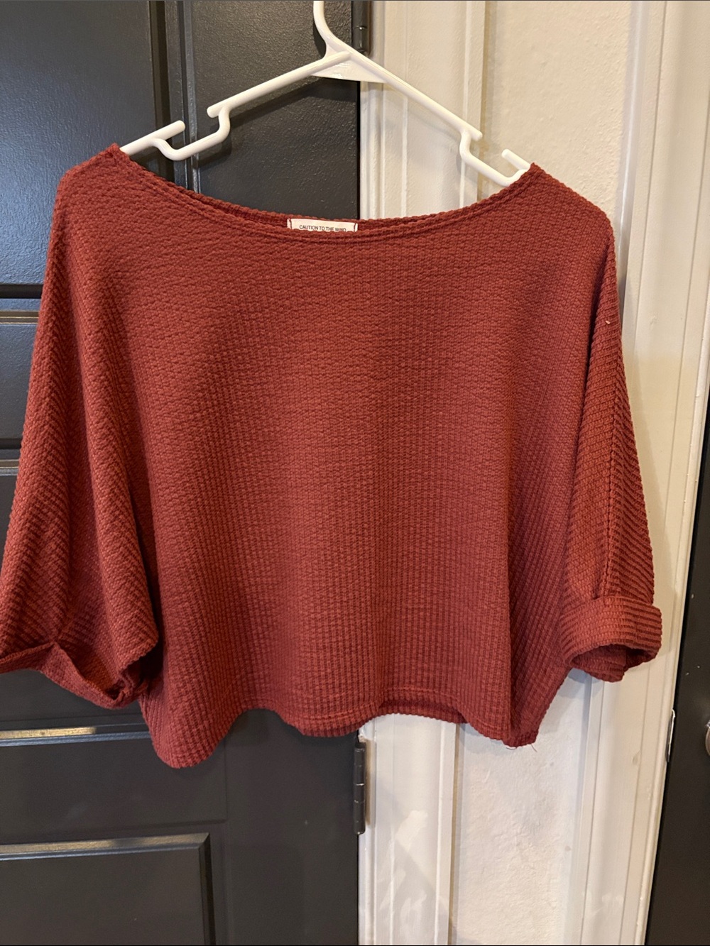 Caution To The Wind Waffle-Knit Crop Top - Rust Red